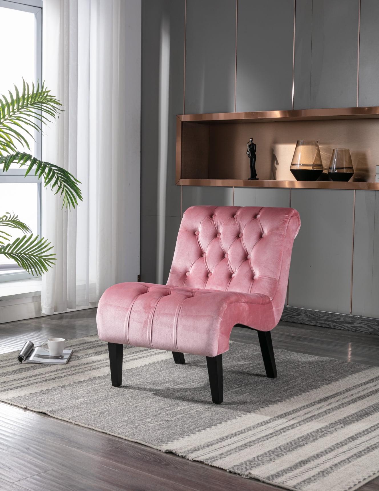 Pink Velvet Tufted Armless Chaise Lounge with Wood Legs