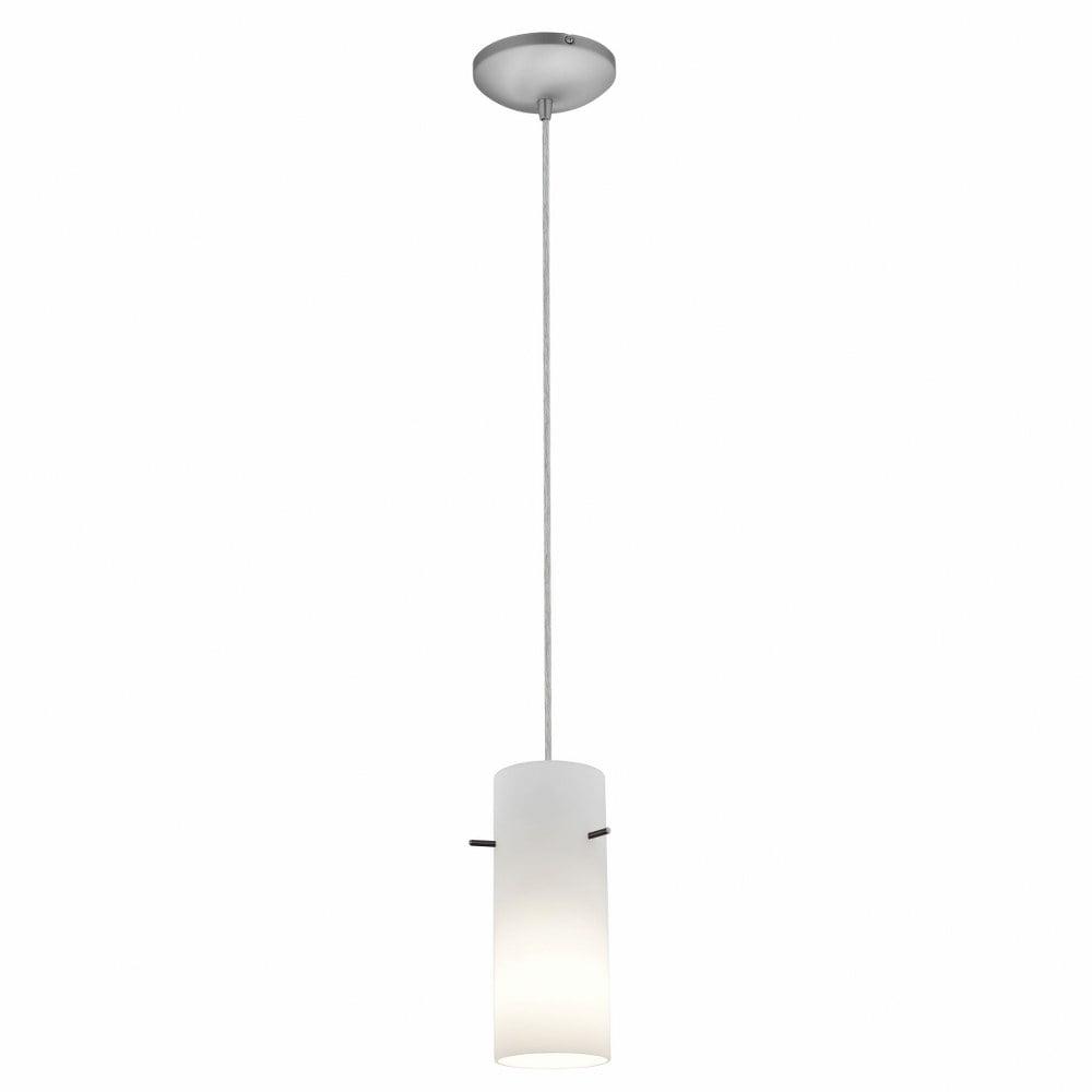 Cylindrical Brushed Steel Pendant Light with Opal Glass