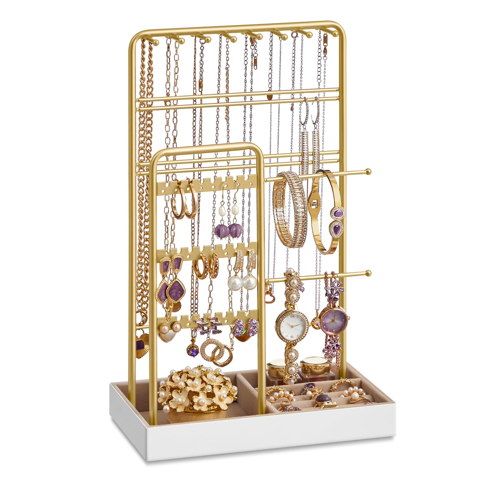 Jewelry Holder, Jewelry Organizer, Jewelry Display Stand with Metal Frame and Velvet Tray, Necklace Earring Bracelet Holder,Rings, Gold