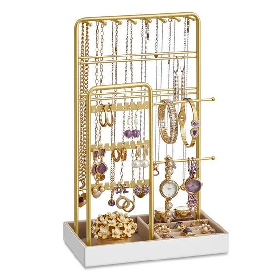 Jewelry Holder, Jewelry Organizer, Jewelry Display Stand with Metal Frame and Velvet Tray, Necklace Earring Bracelet Holder,Rings, Gold