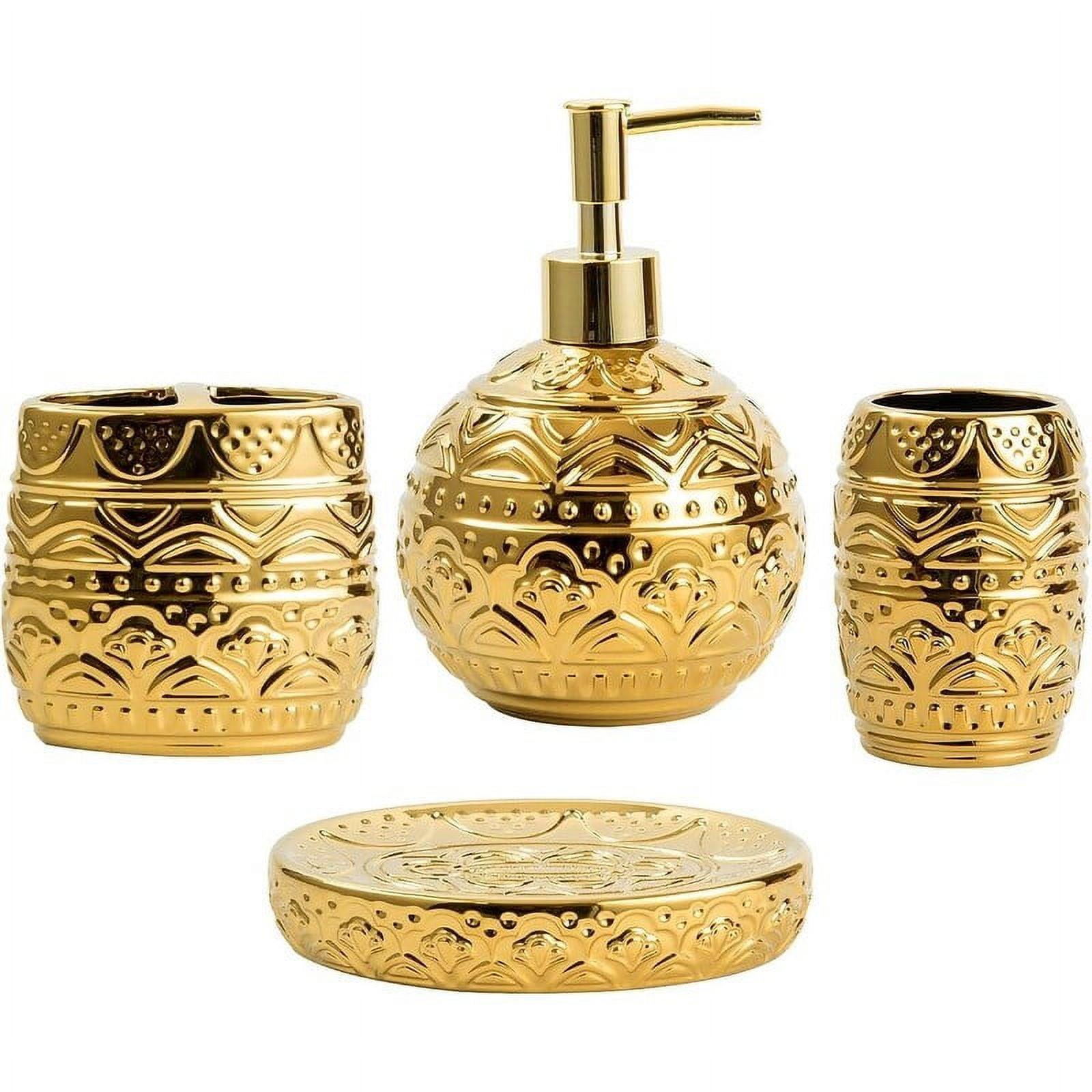 Gold Embossed Ceramic and Metal Bathroom Accessory Set