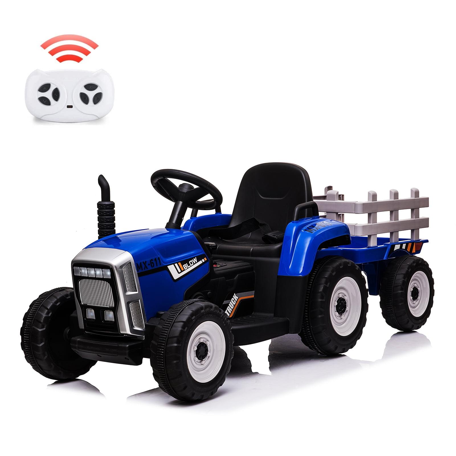 12V Kids Battery Powered Electric Tractor with Trailer, Toddler Ride On Car, RC, 7-LED Headlights/ 2+1 Gear Shif, for Kids