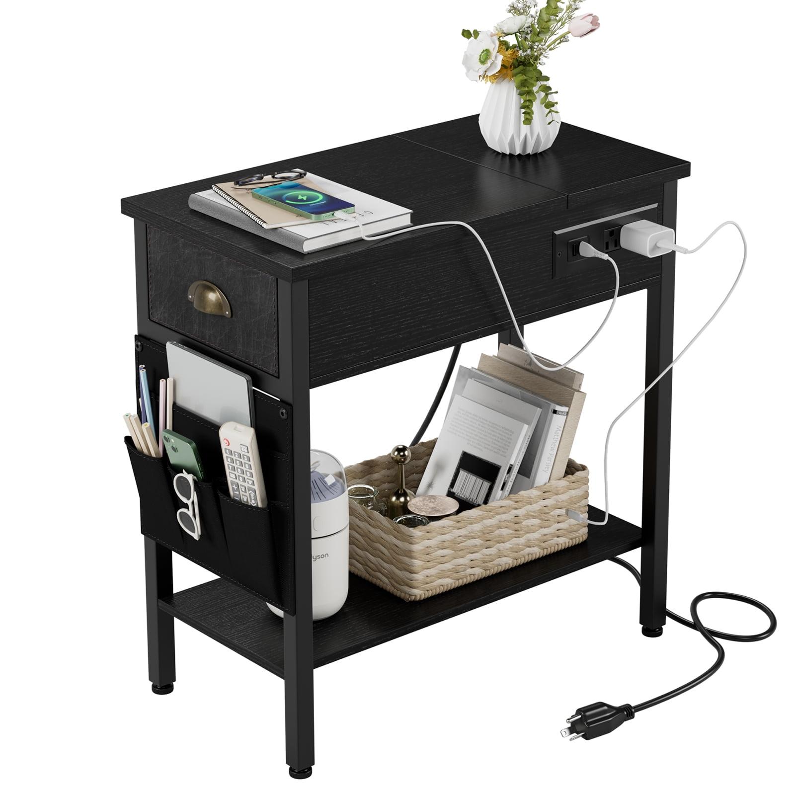 Black Metal End Table with Charging Station and Storage Drawers