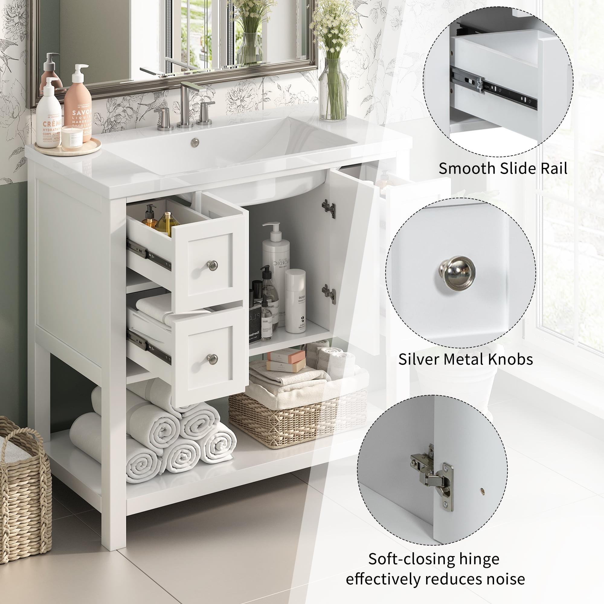 White 36'' Freestanding Bathroom Vanity with Resin Sink and Storage