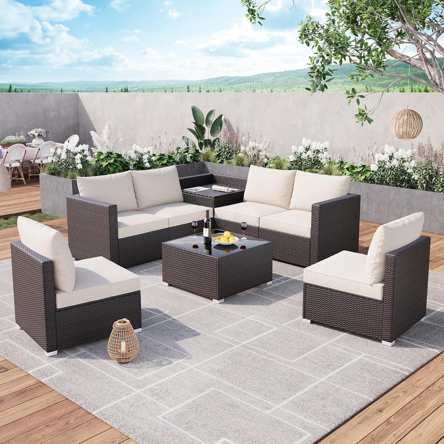 Whizmax 8 Pieces Outdoor Patio Furniture Set with Storage, Outdoor Wicker Rattan Patio Furniture Sectional Set with Glass Table and Hidden Storage Box