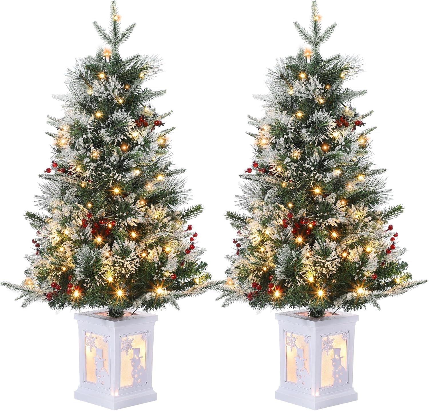 Accreate Pre-Lit 3FT Fiber Optic Christmas Tree with 78 LED Lights and Snowman Light Box – Set of 2
