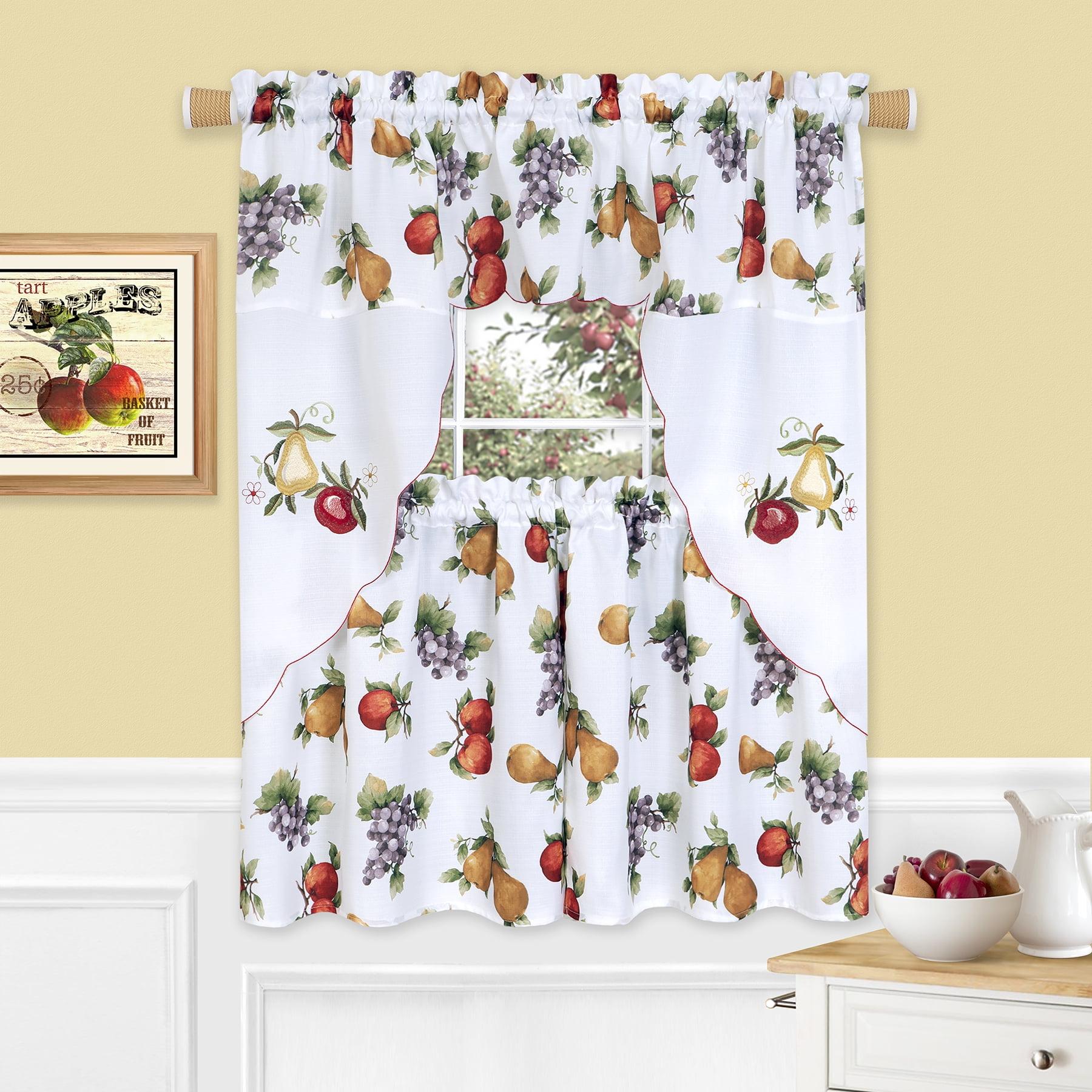 White Embroidered Fruit Print Polyester Tier Curtains