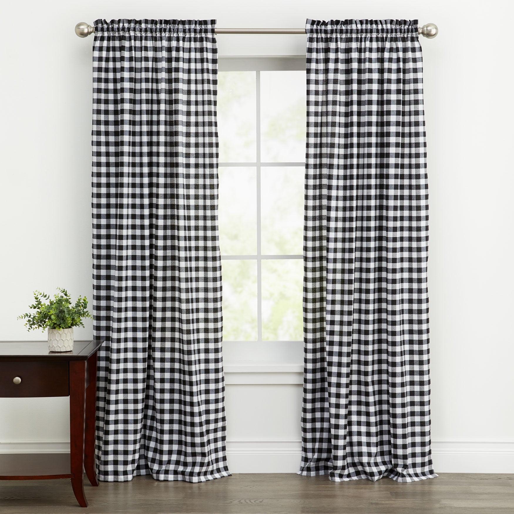 Kate Aurora Country Farmhouse Buffalo Check Plaid Gingham Single Window Curtain - 42 in. W x 63 in. L, Black