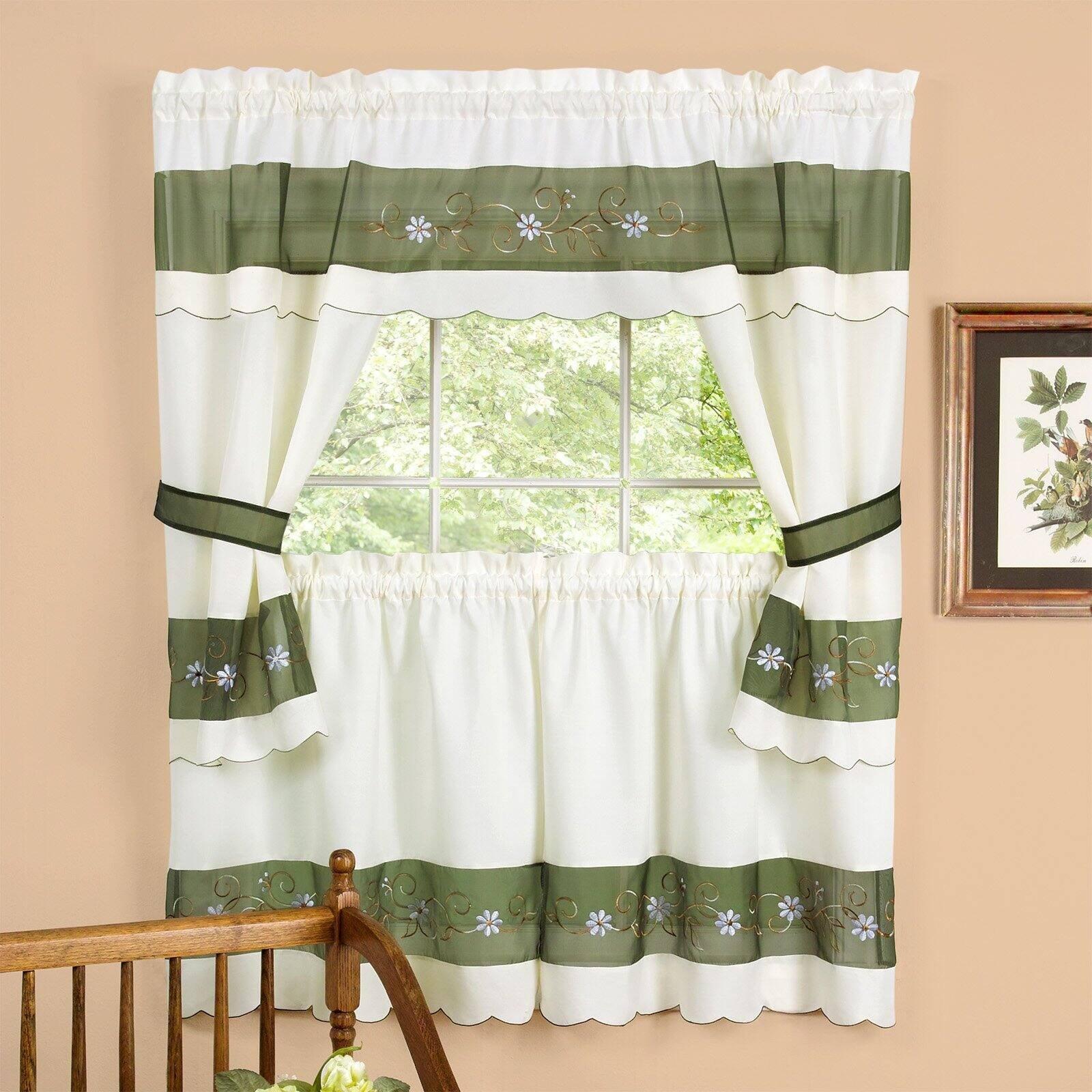 Achim Home Furnishing Berkshire Window Kitchen Curtains 3-Piece Embellished Cottage Set - 56" (W) x 36" (L) Complete Set, Green