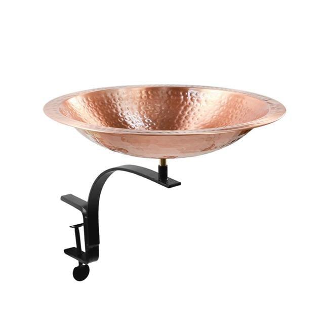 Hammered Copper Birdbath with Black Iron Rail Mount