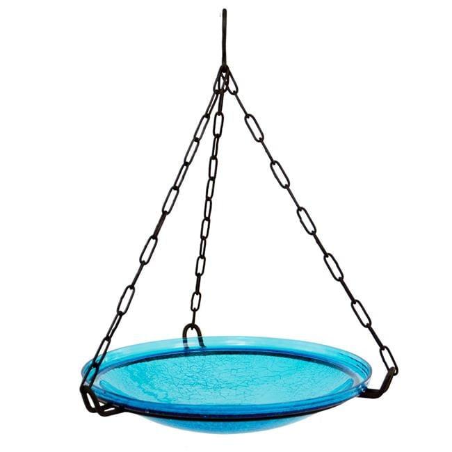 13.7" Reflective Crackle Glass Birdbath Bowl with Rail Mount Bracket Teal Blue - Achla Designs: Weather-Resistant, No Assembly Required