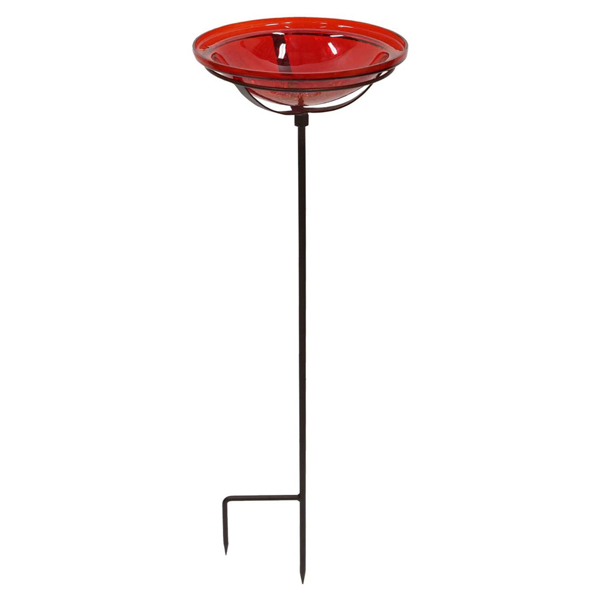 Red Hand Blown Crackle Glass Birdbath with Metal Stake