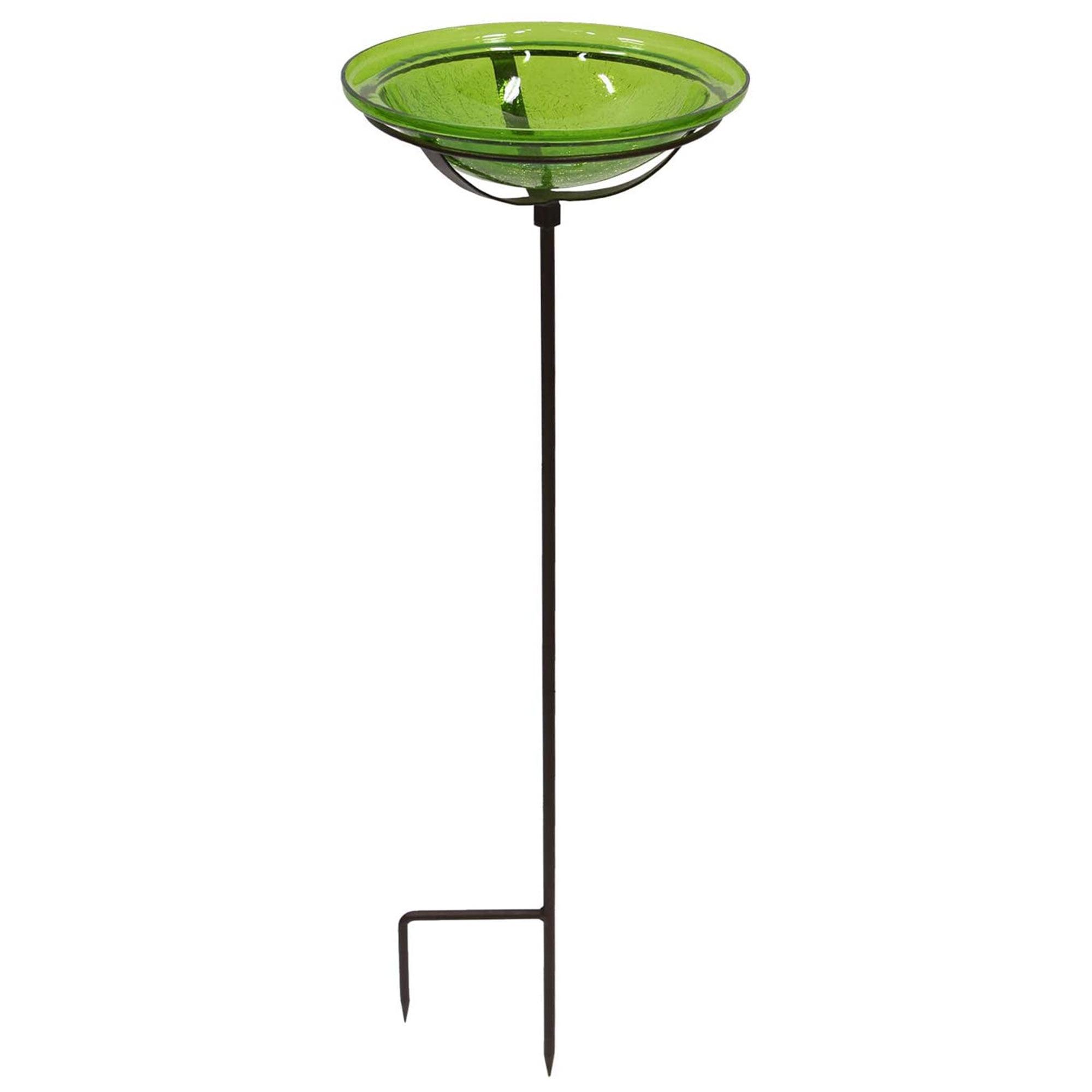 Fern Green Hand-Blown Crackle Glass Birdbath with Iron Stake