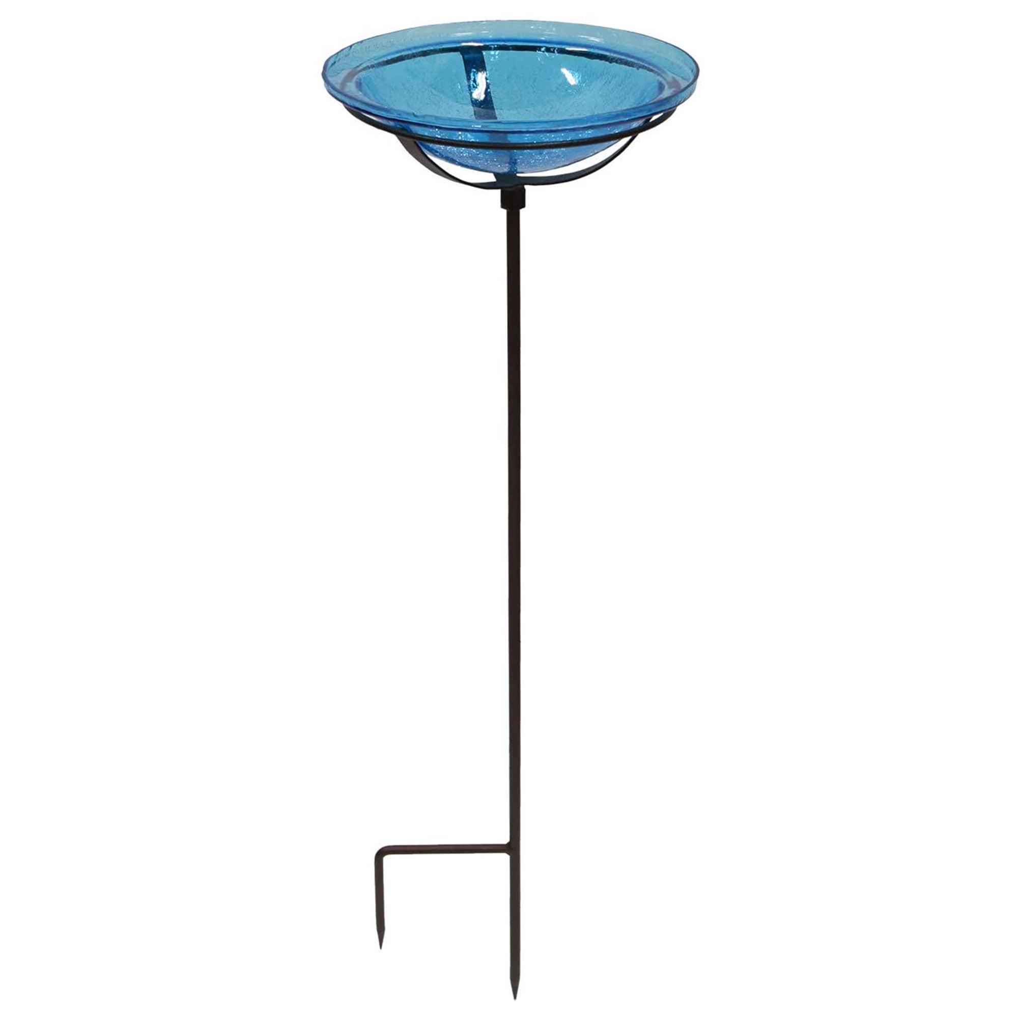 Turquoise Hand Blown Crackle Glass Birdbath with Wrought Iron Stake