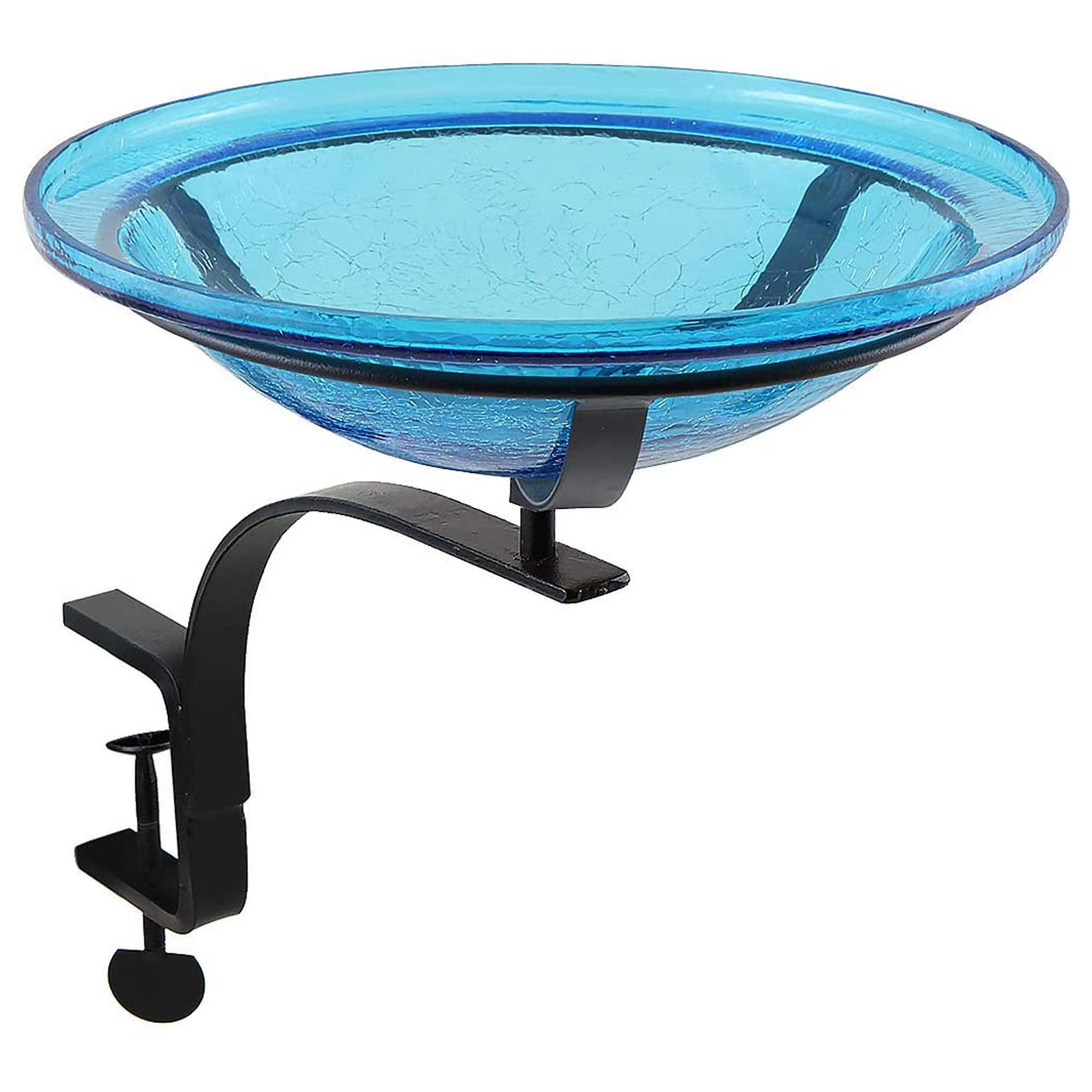 Teal Crackle Glass Birdbath with Black Rail Mount Bracket