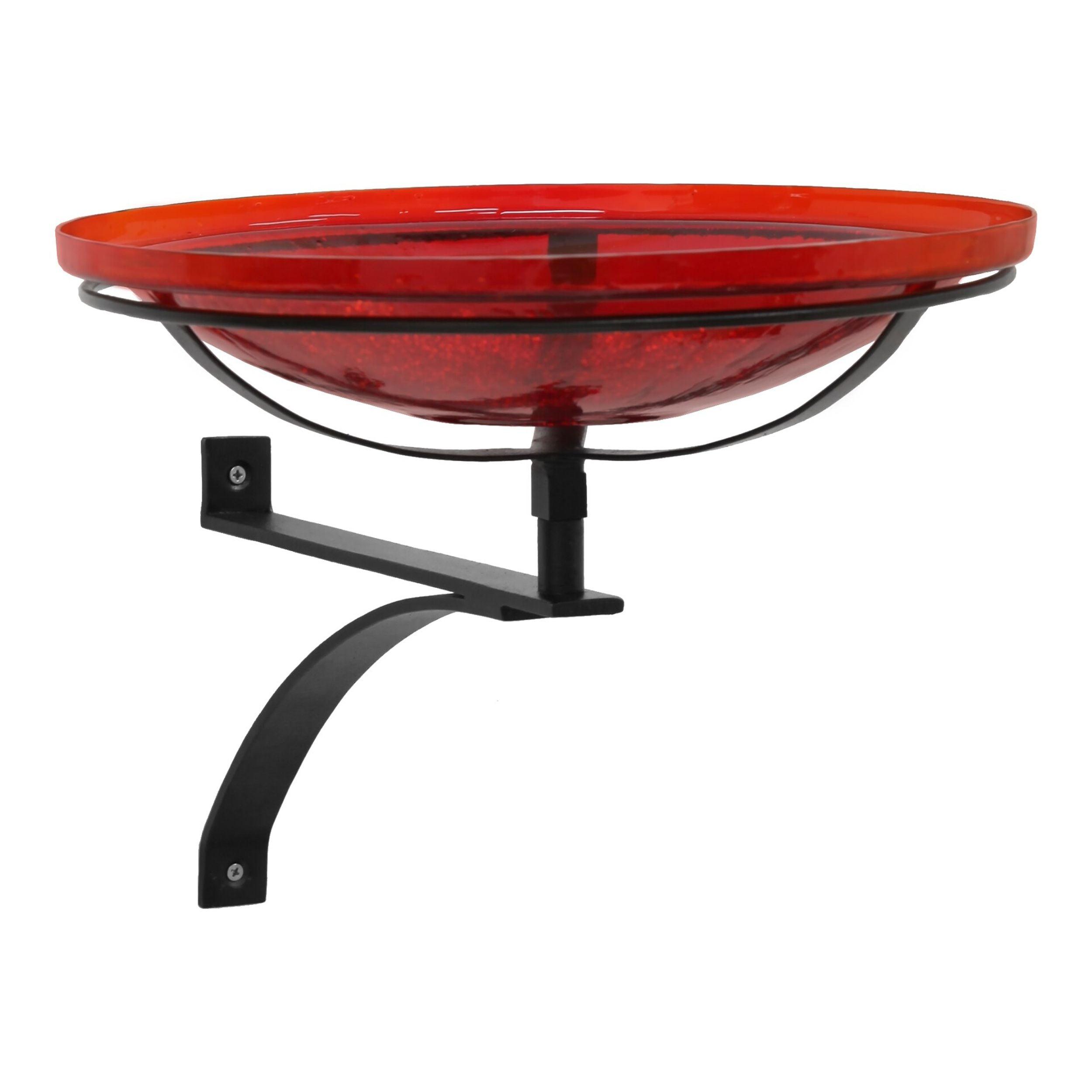 Red Crackle Glass Birdbath with Black Wrought Iron Wall Mount