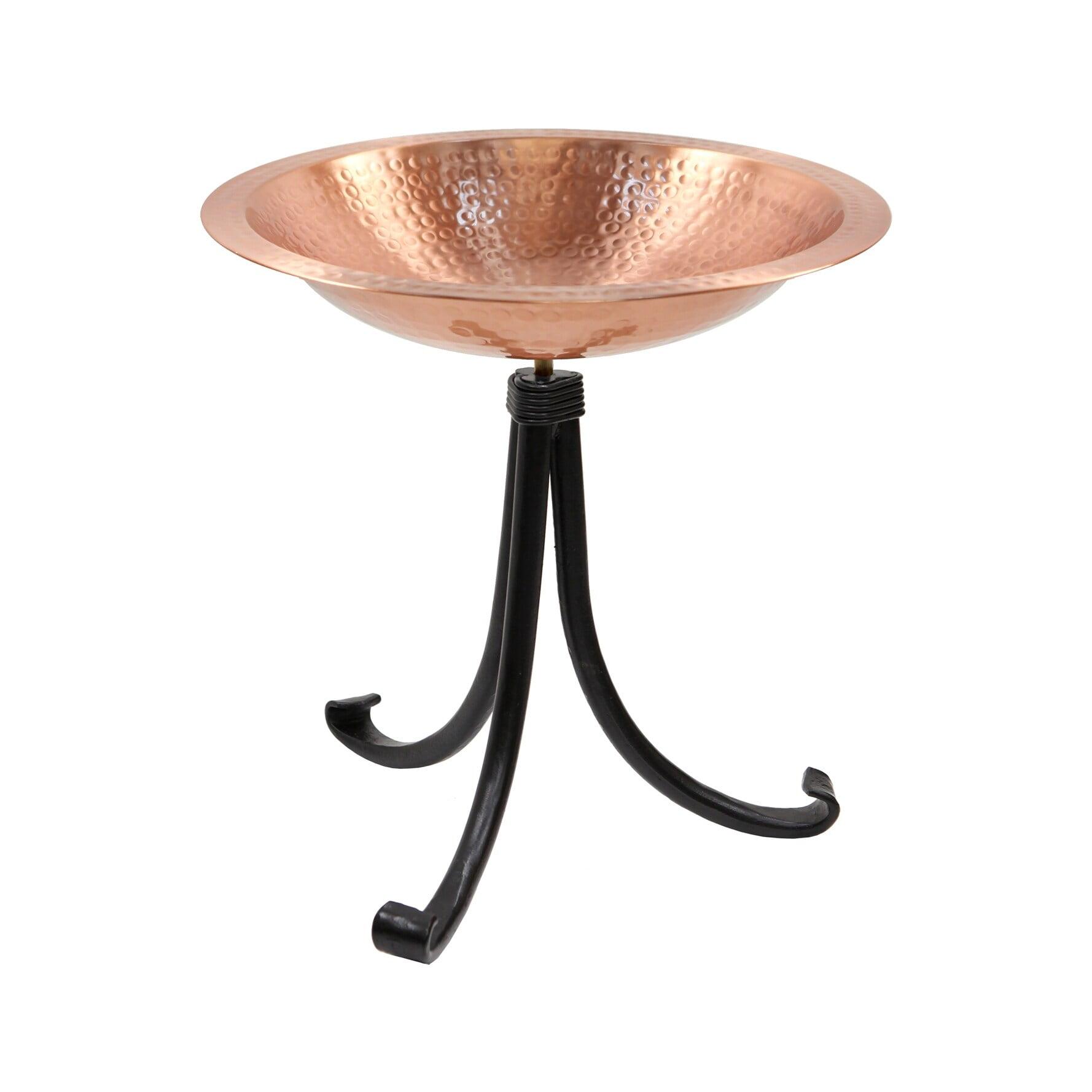 14'' Hammered Copper Birdbath with Black Wrought Iron Stand