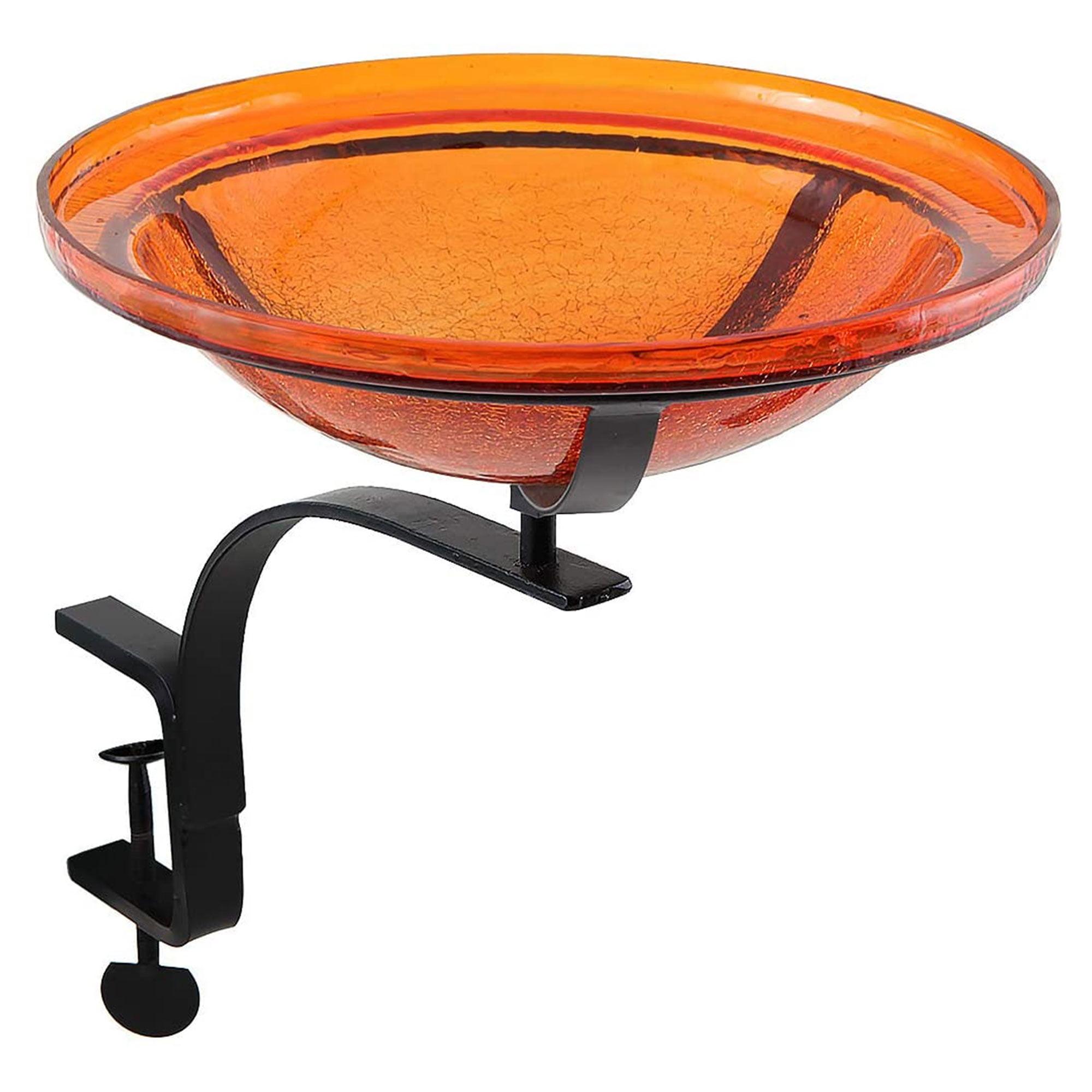 13.7" Reflective Crackle Glass Birdbath Bowl with Rail Mount Bracket Mandarin Orange- Achla Designs