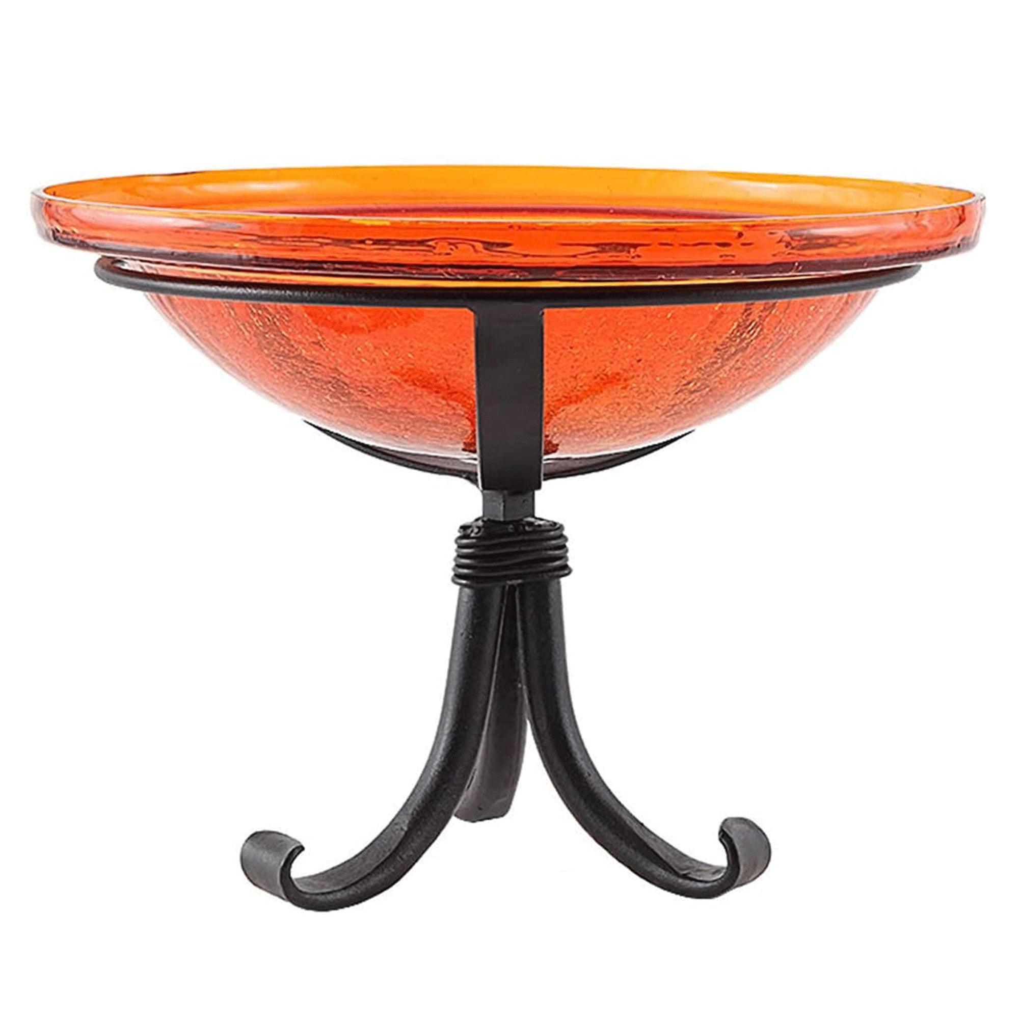 12.75" Reflective Crackle Glass Birdbath Bowl with Tripod Stand Mandrin Orange - Achla Design: Weather-Resistant, Freestanding