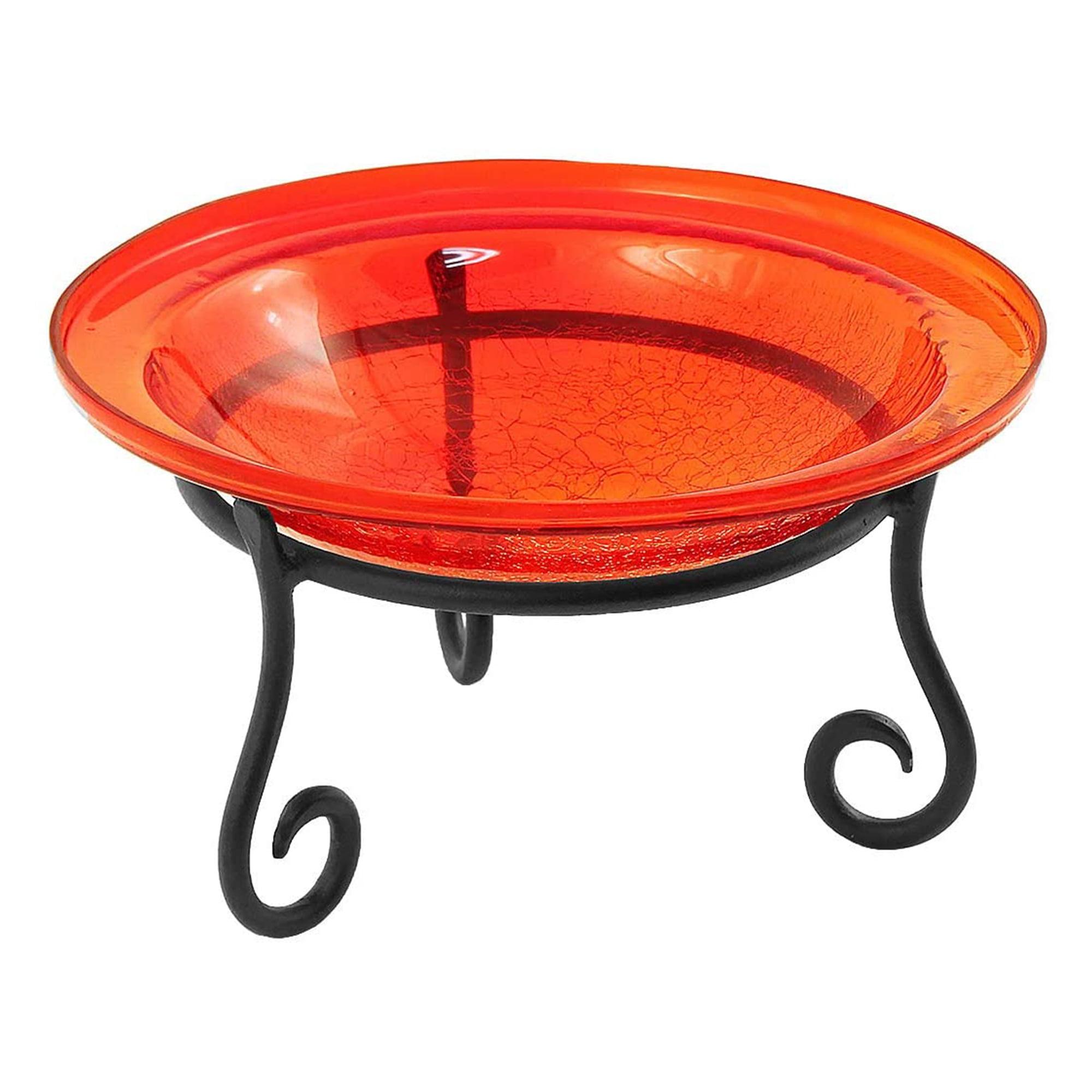 Tomato Red Crackle Glass Birdbath with Wrought Iron Stand