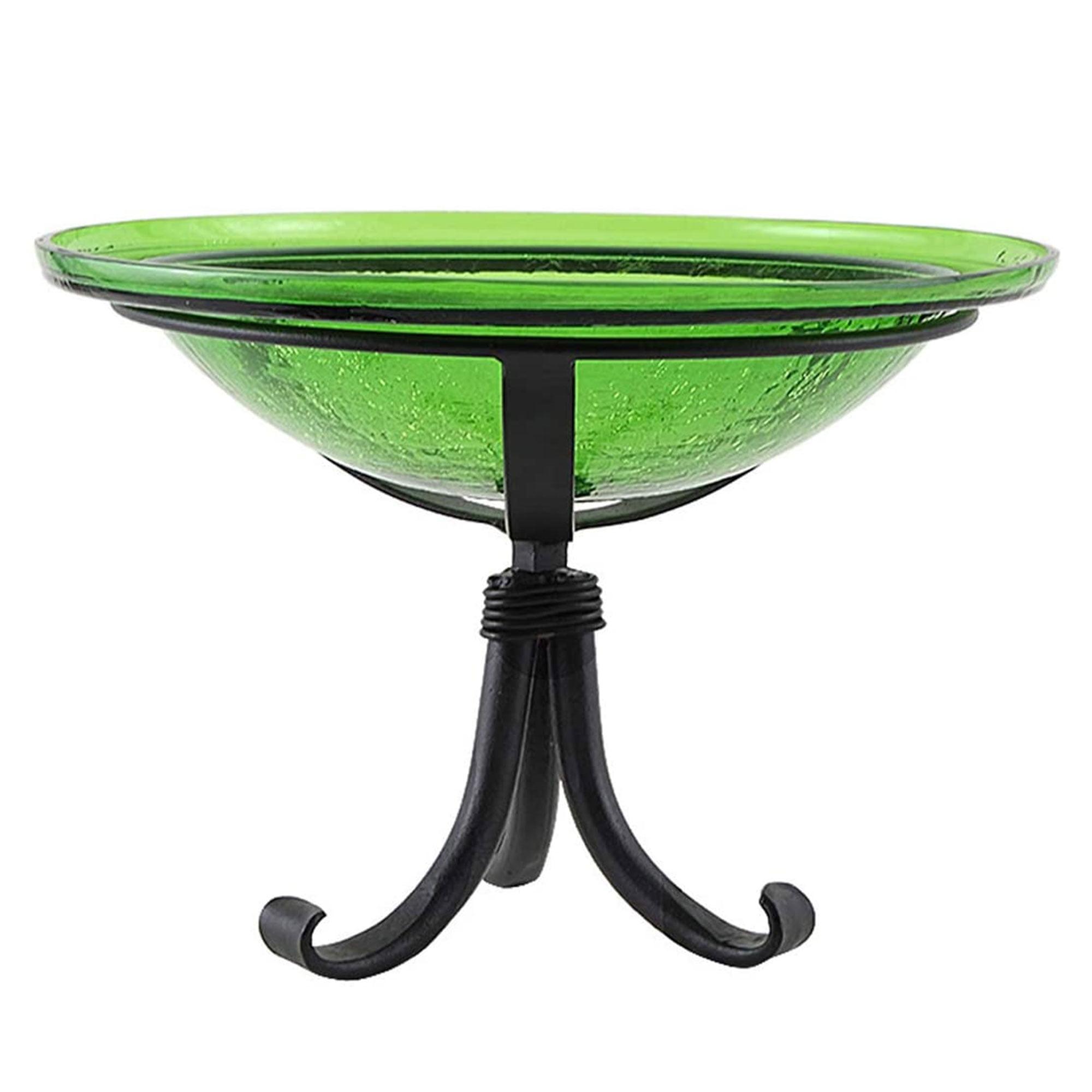 Fern Green Crackle Glass Birdbath with Black Tripod Stand