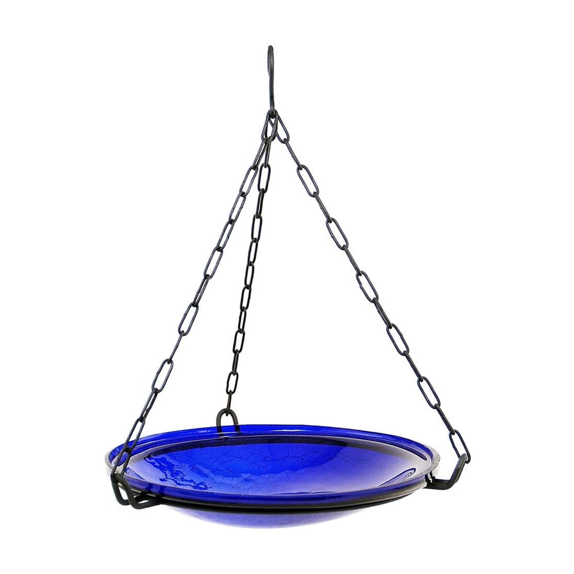 Cobalt Blue Crackle Glass Hanging Birdbath with Iron Chain