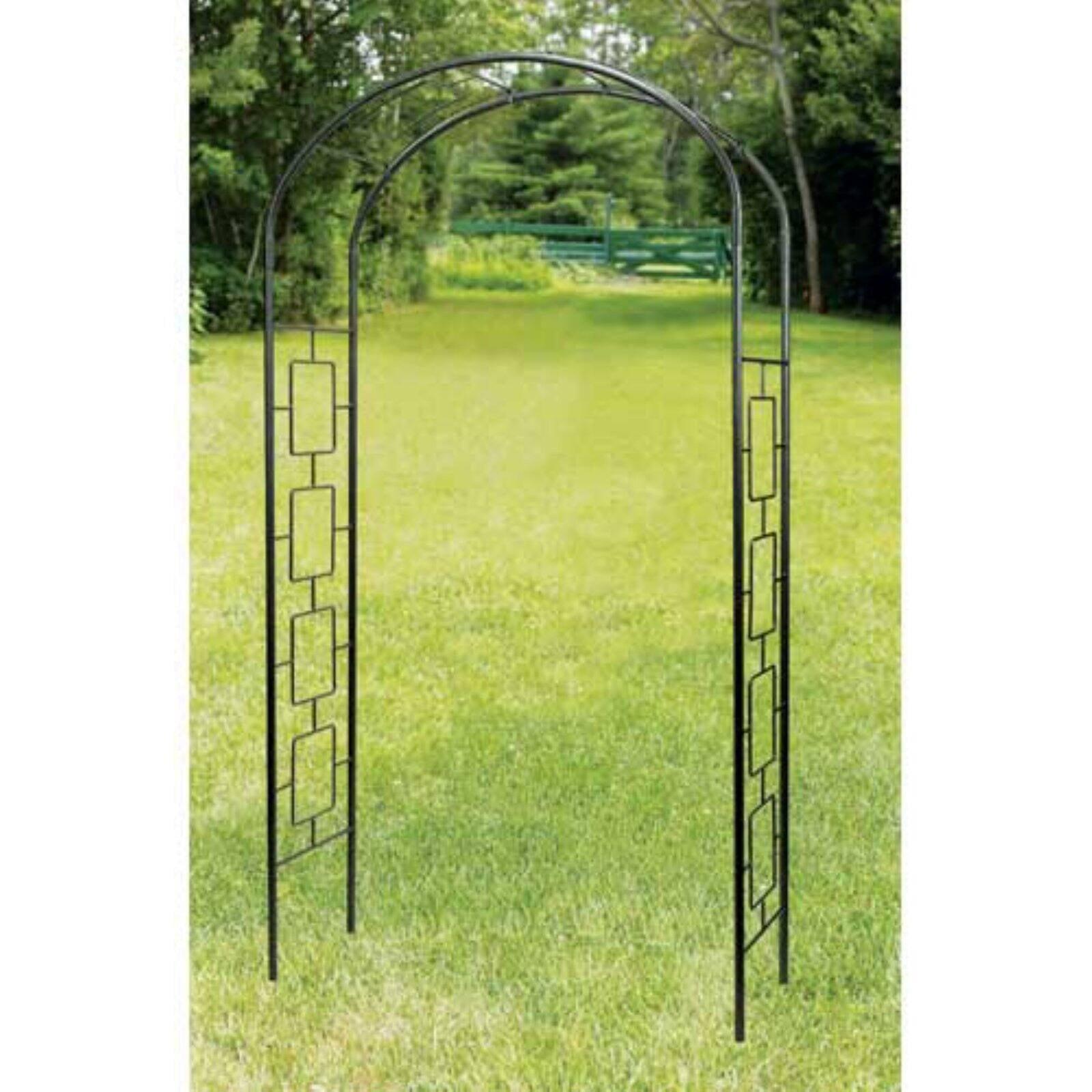 Modern Black Wrought Iron Garden Arbor with Square Motif