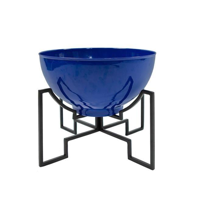 French Blue Galvanized Steel Planter Bowl with Black Wrought Iron Stand