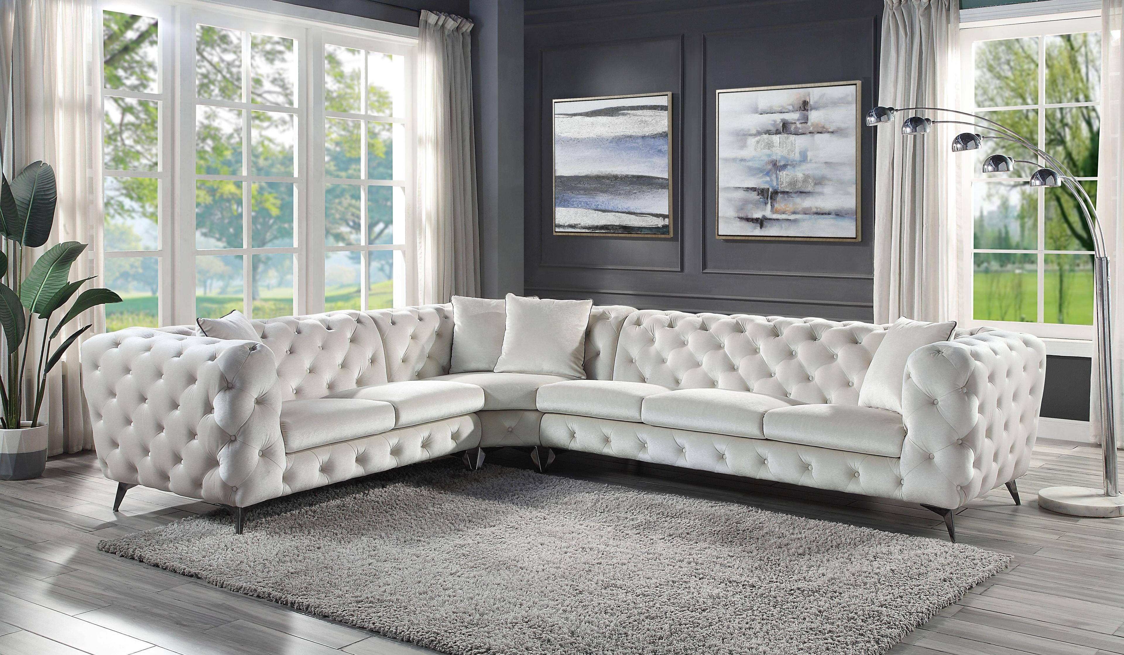 133" Beige Tufted Linen Sectional Sofa with Wood Frame