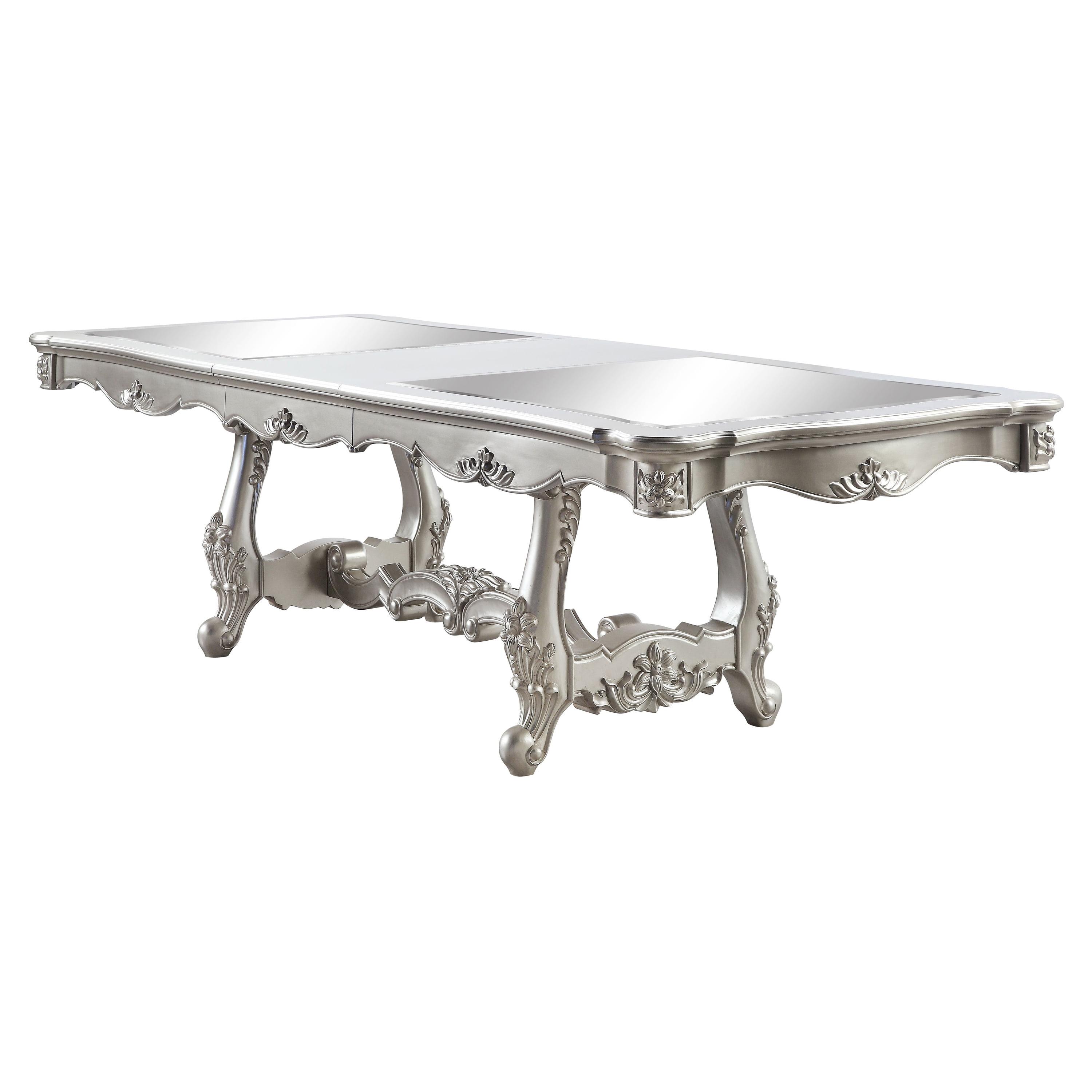 Champagne Finish Double Pedestal Extendable Dining Table with Mirrored Top