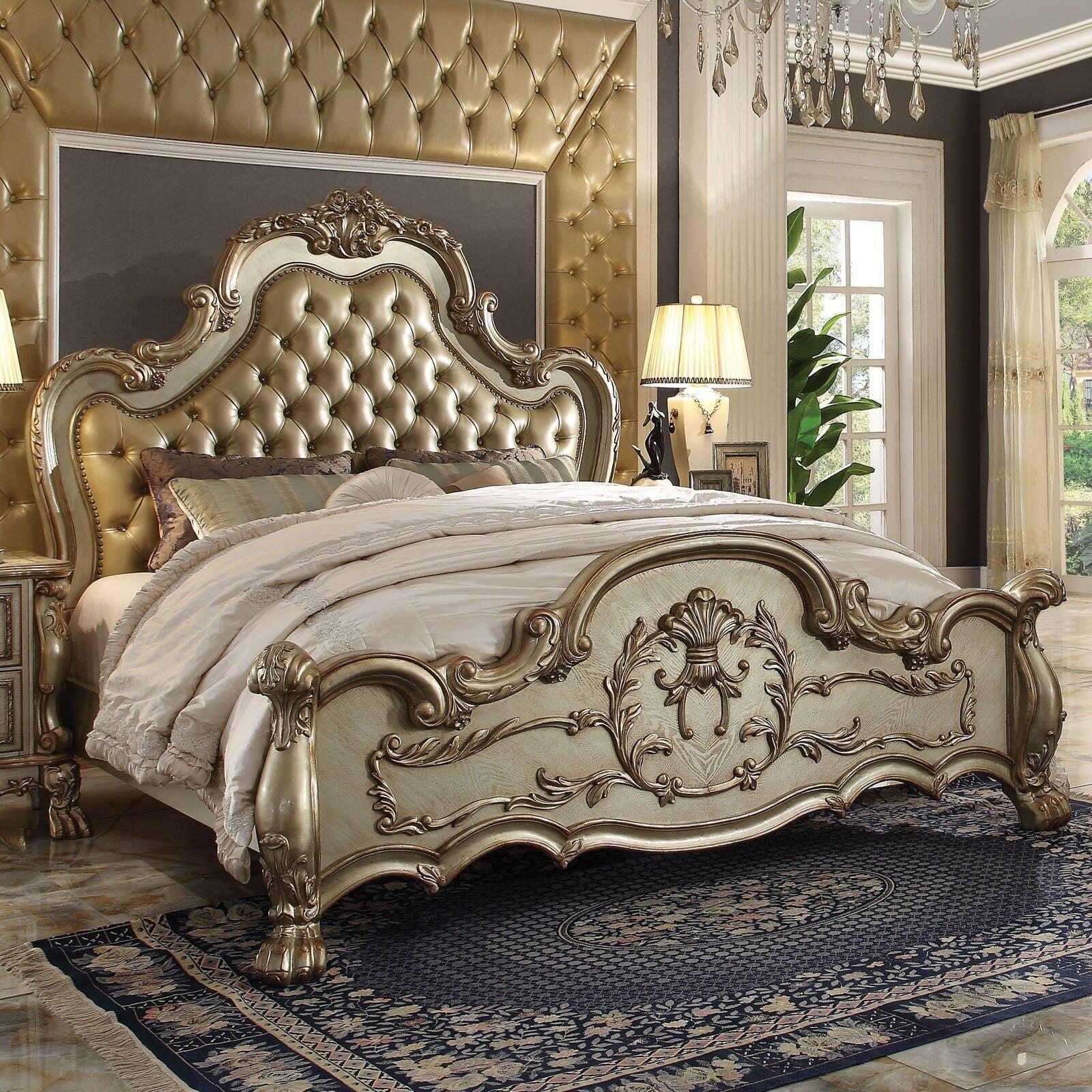 California King Gold Patina Upholstered Wood Bed with Tufted Headboard