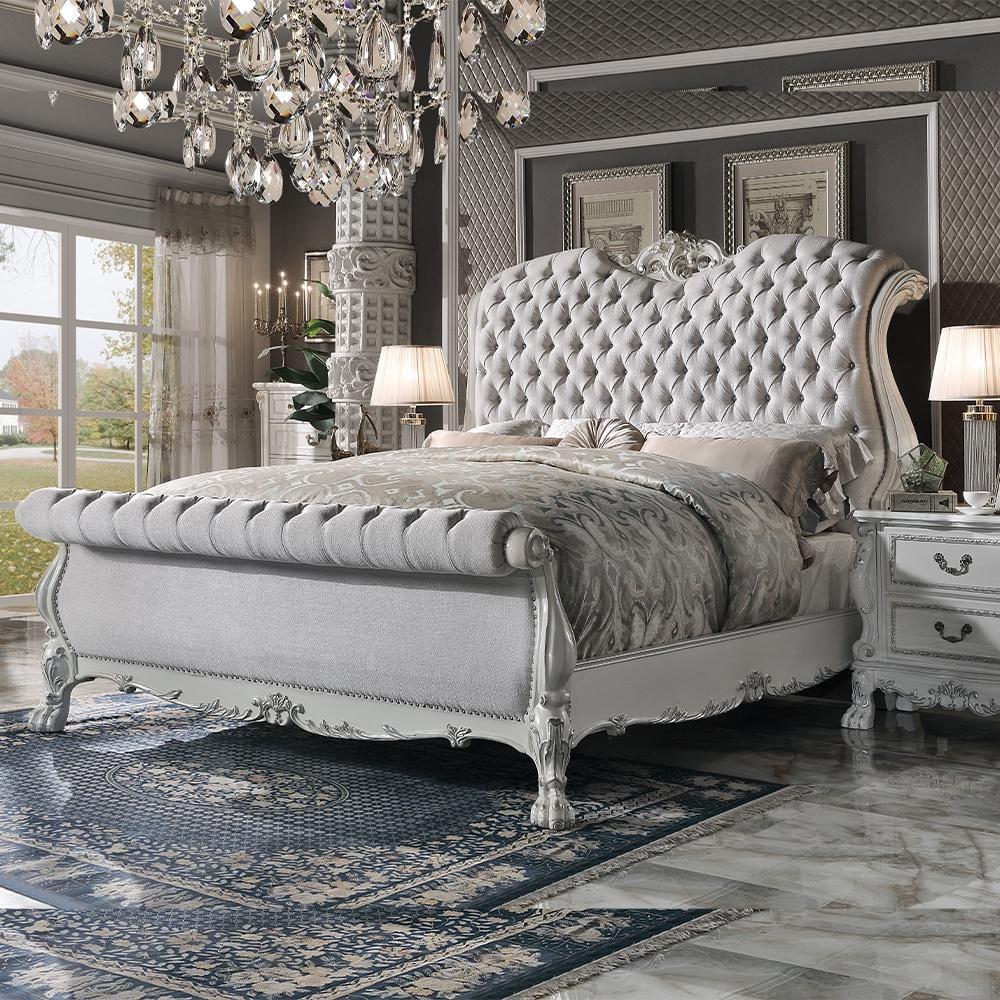 Bone White Tufted Upholstered Queen Bed with Wood Frame