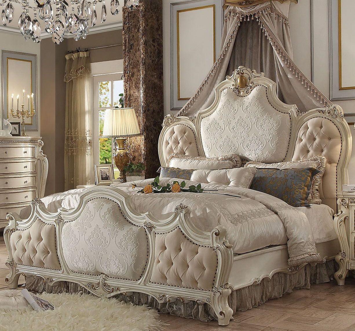 Acme Picardy Eastern King Bed, Fabric & Antique Pearl, Wood, Poly Resin, Upholstered