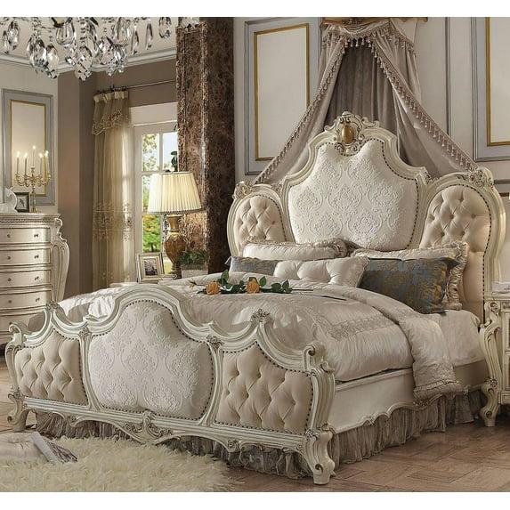 Acme Picardy Eastern King Bed, Fabric & Antique Pearl, Wood, Poly Resin, Upholstered