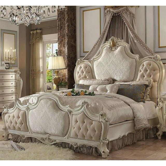 Acme Picardy Eastern King Bed, Fabric & Antique Pearl, Wood, Poly Resin, Upholstered