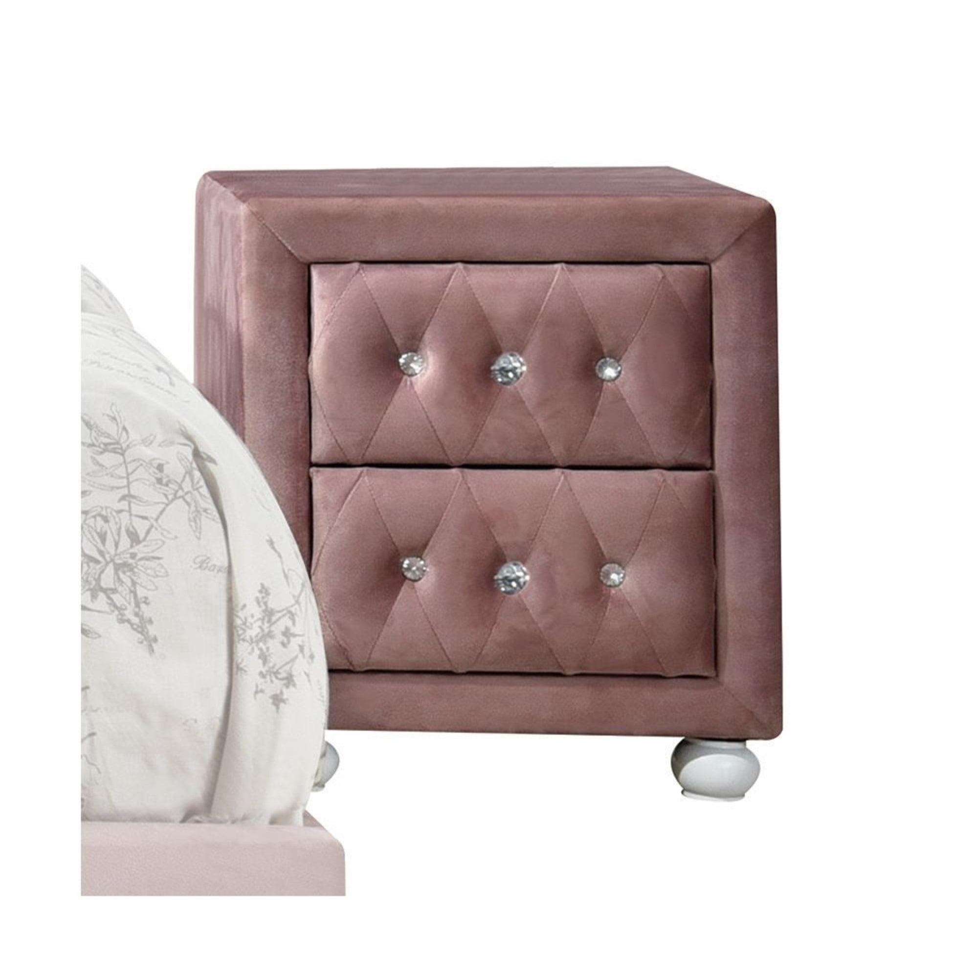 17" Reggie Nightstand Pink Fabric - Acme Furniture: Crystal-like Detail, Wood Bun Legs, Safety Stop Drawer