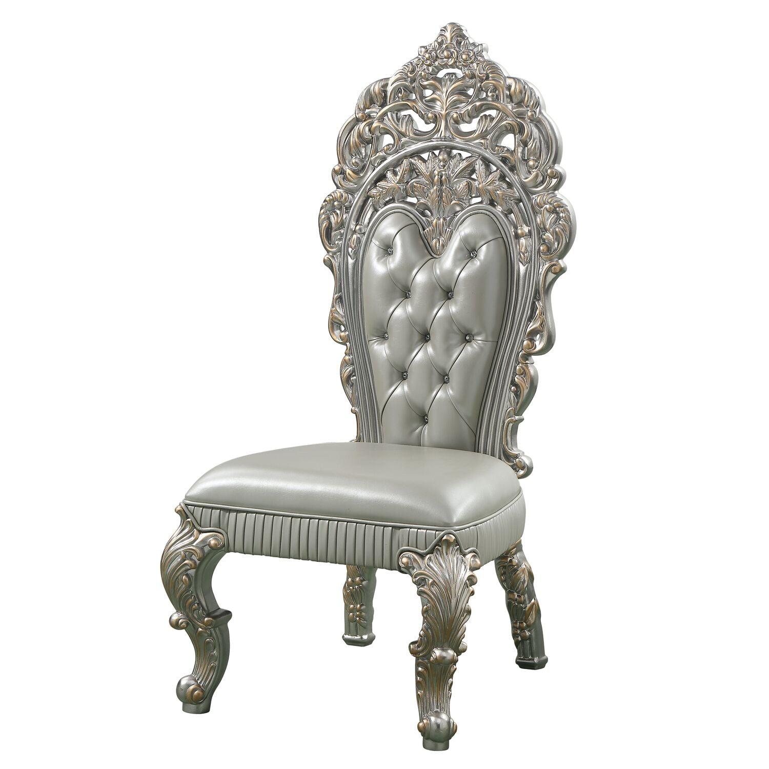 Beige Leather Upholstered Ornate Wood Side Chair