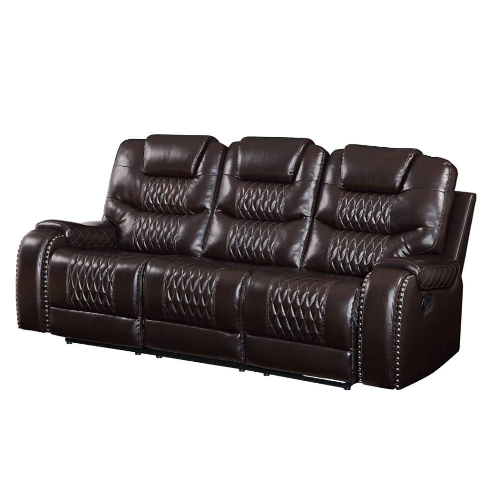 Brown Tufted Faux Leather Reclining Sofa with Cup Holders