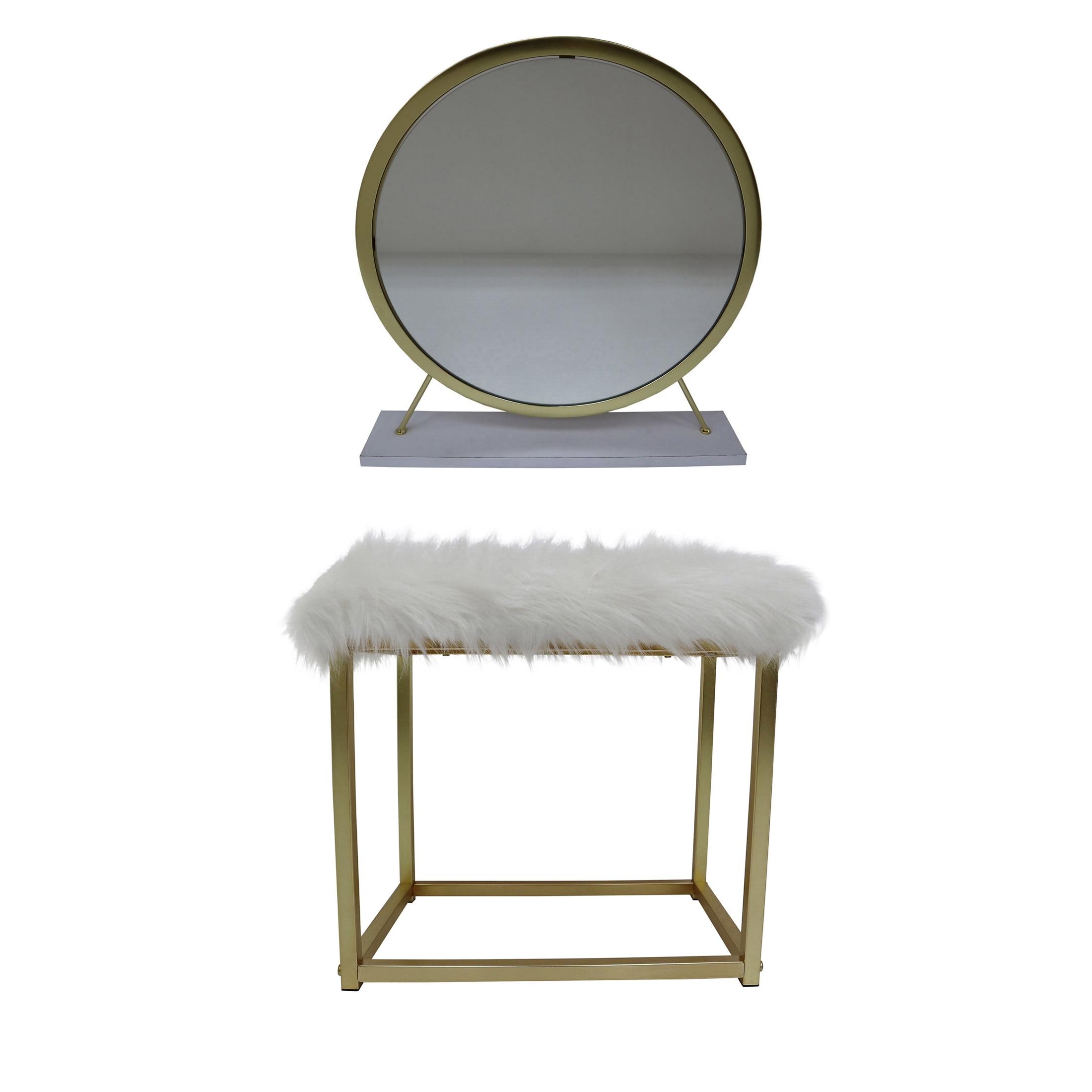 Adao White Faux Fur Brass Vanity Mirror and Stool Set