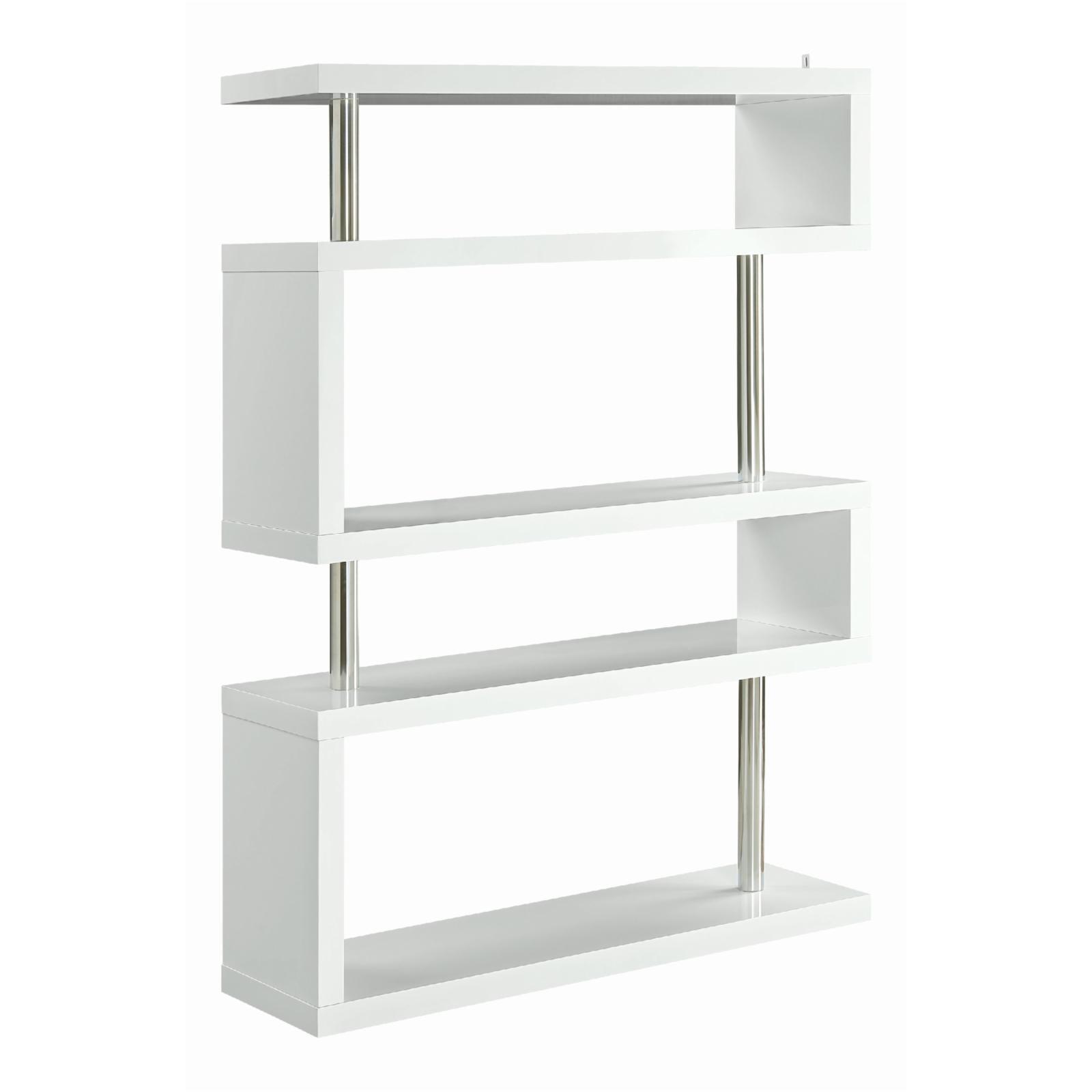 Modern White Wood Bookcase with Silver Support and Geometric Cubes