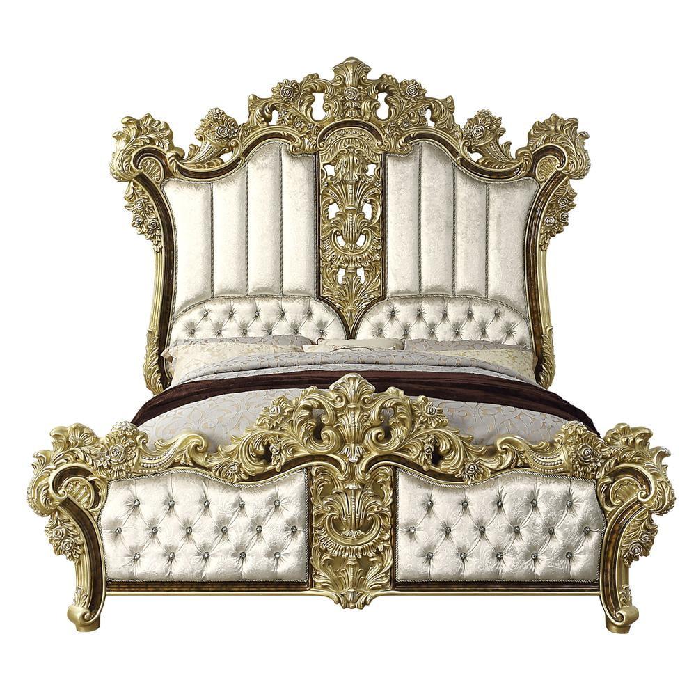 Acme Furniture Desiderius Eastern King Bed, Beige Fabric, Antique Gold & Hand Paint Brown