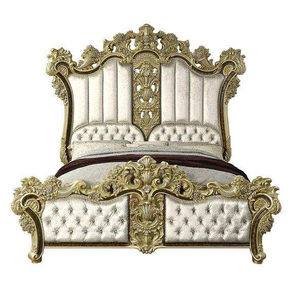 Acme Furniture Desiderius Eastern King Bed, Beige Fabric, Antique Gold & Hand Paint Brown