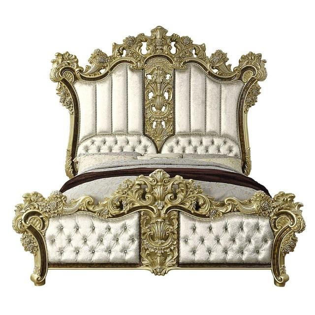 Acme Furniture Desiderius Eastern King Bed, Beige Fabric, Antique Gold & Hand Paint Brown
