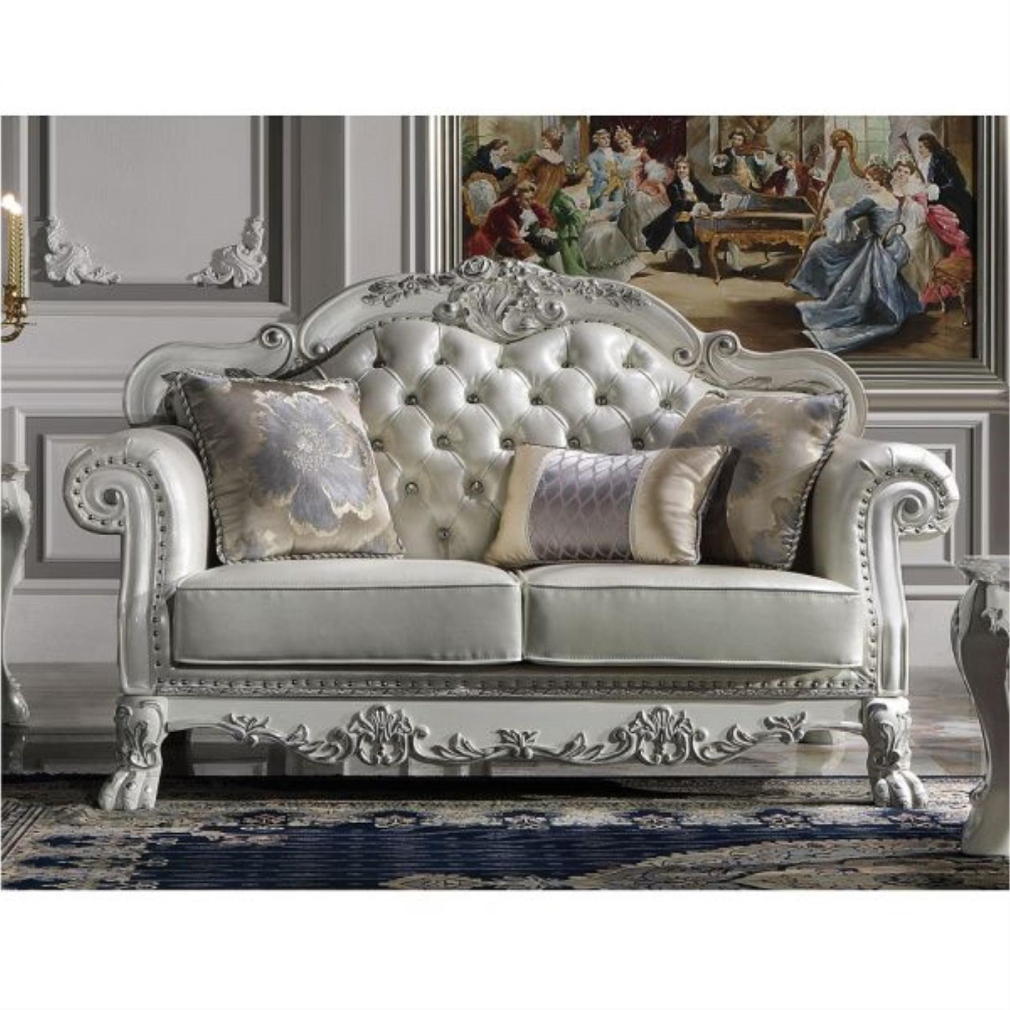 Bone White Tufted Faux Leather Loveseat with Nailhead Trim