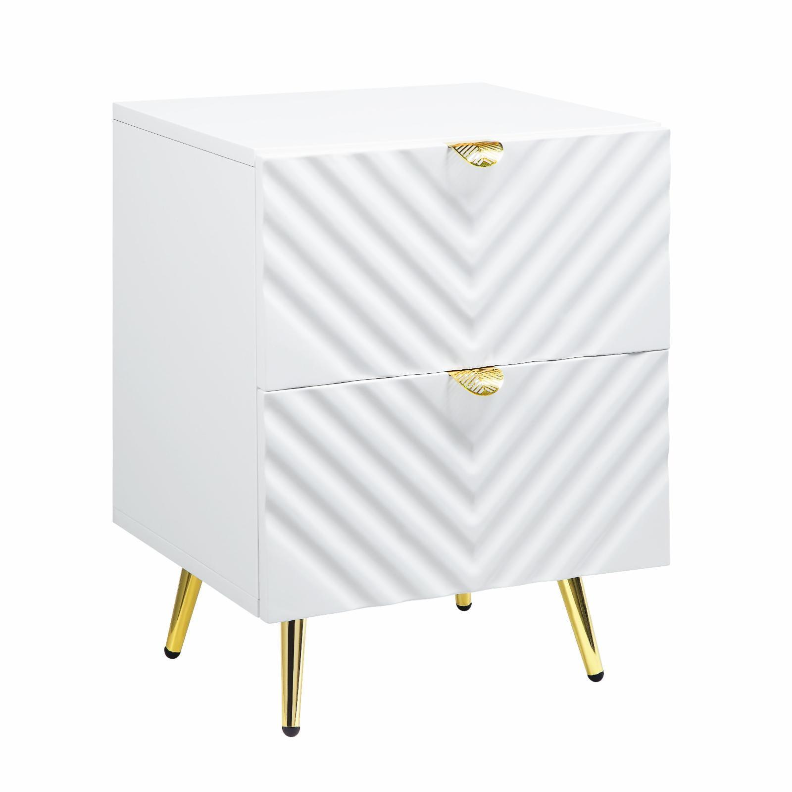 Gaines High Gloss White 2-Drawer Nightstand with Gold Accents