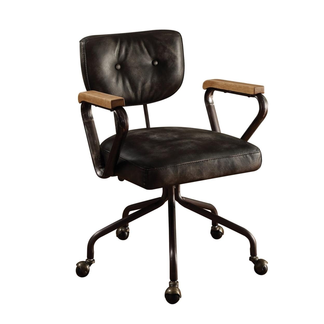 Black Leather Industrial Swivel Office Chair with Metal Base