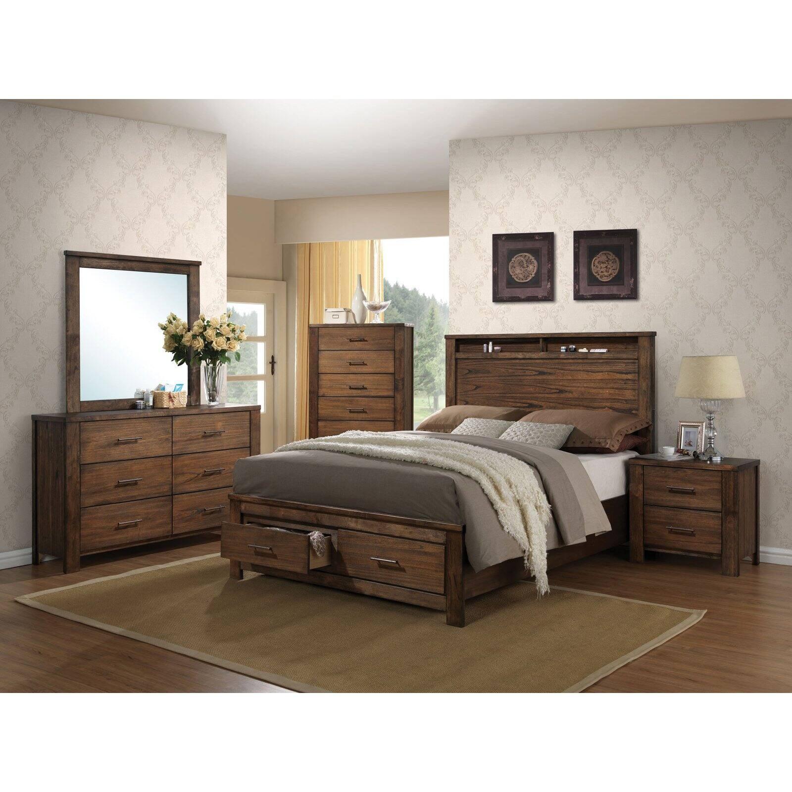 Oak King Upholstered Bed with Storage Drawers