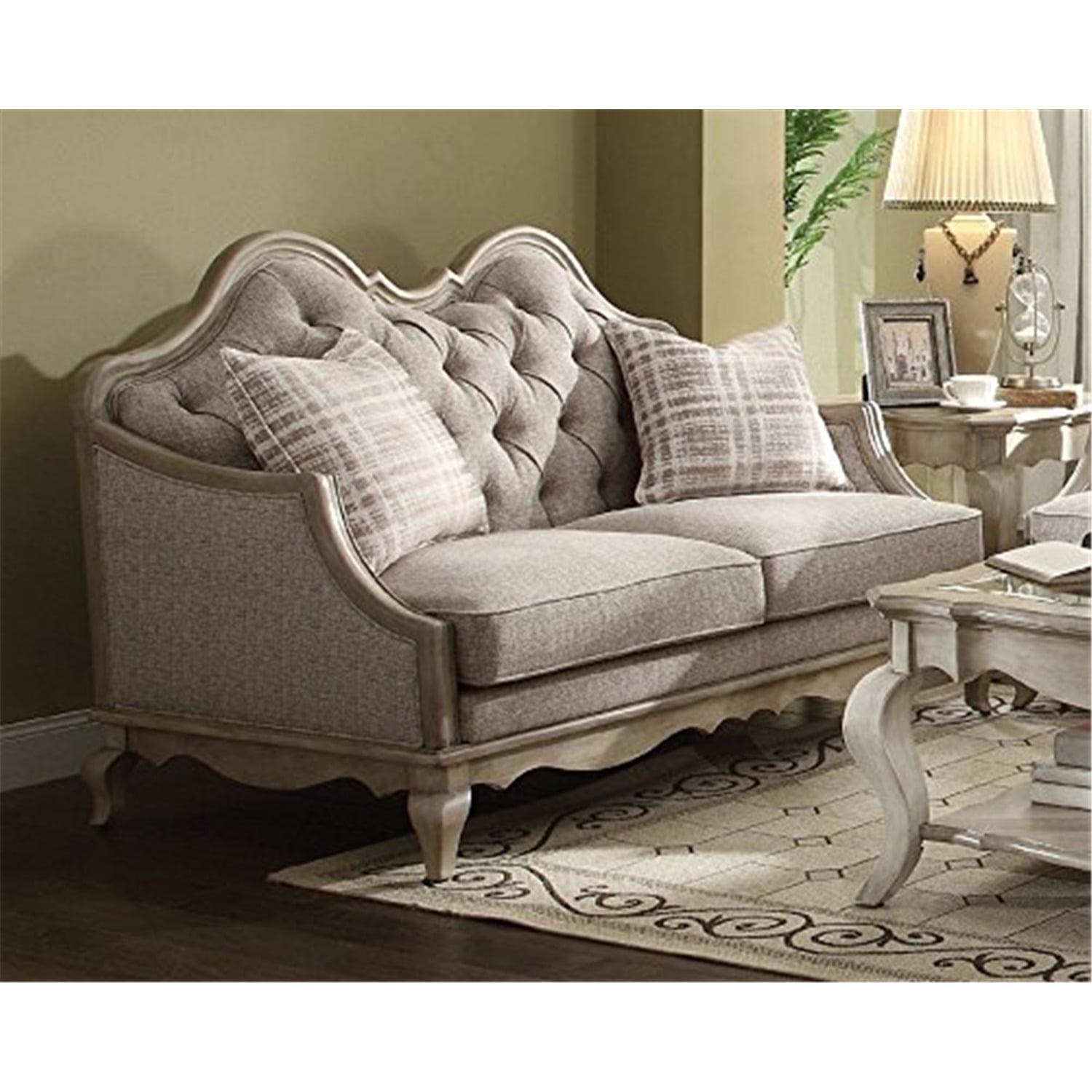 Beige Tufted Camelback Loveseat with Wooden Frame