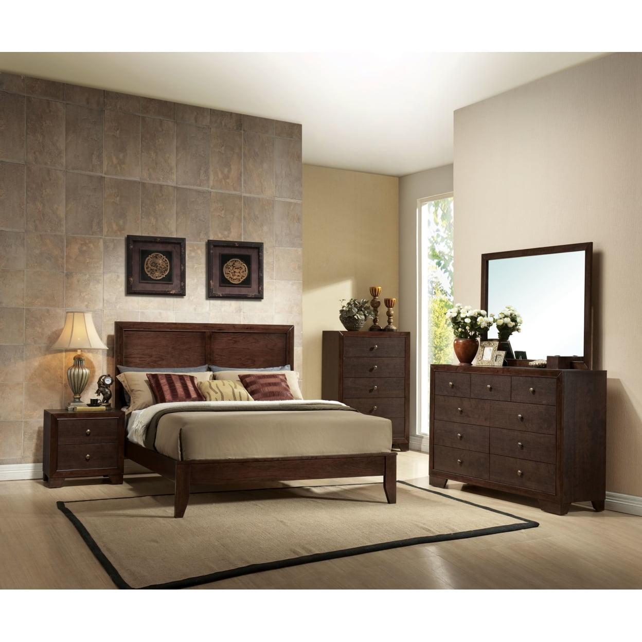 Espresso Queen Wood Panel Bed with Upholstered Headboard