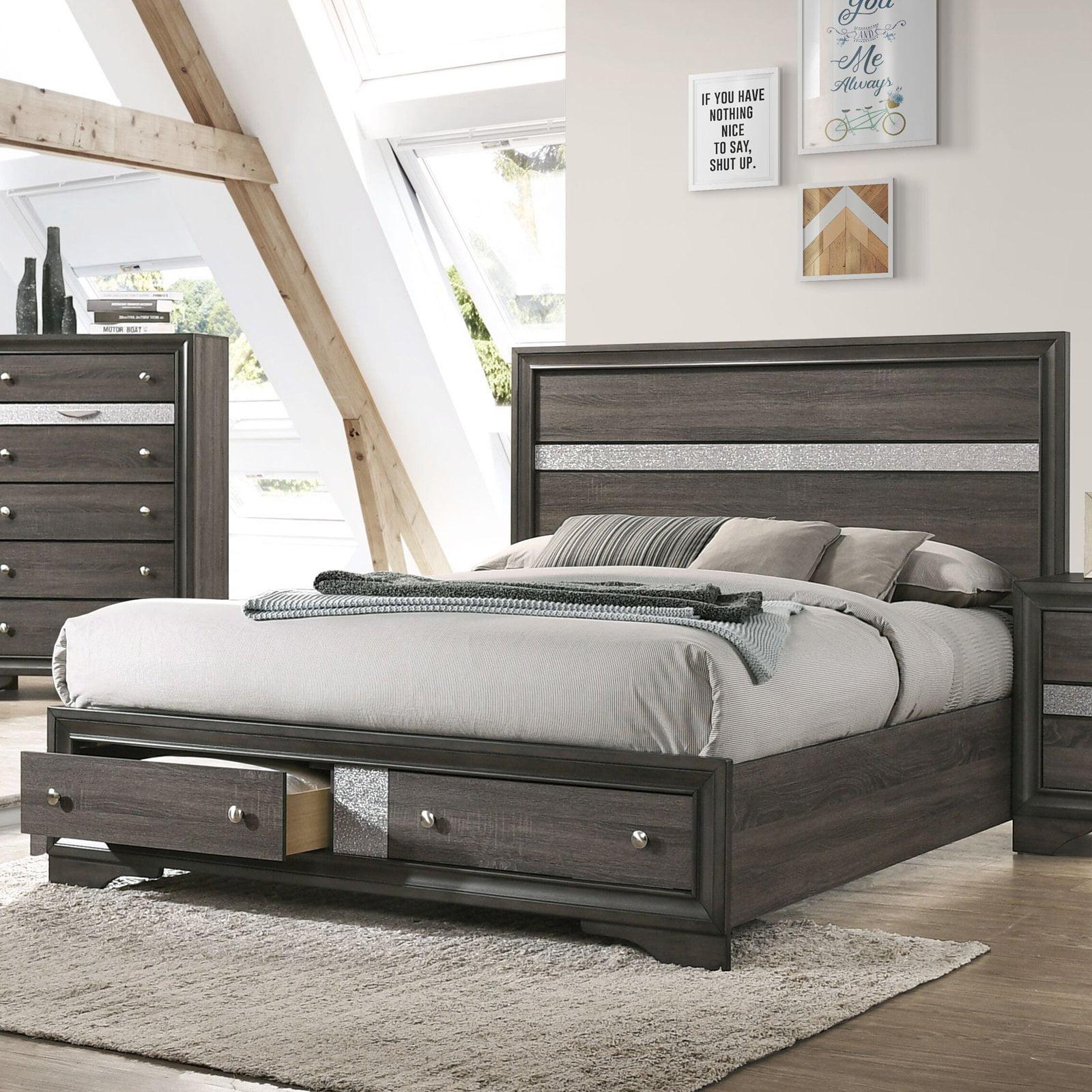 King Gray Wood Frame Storage Panel Bed with Drawers